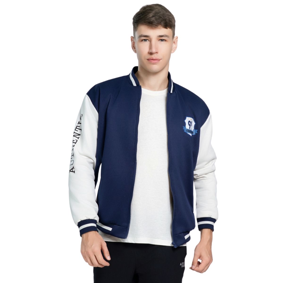 ÁO KHOÁC BÓNG CHÀY NAM 2 LỚP NOVELTY DÁNG BOMBER CÓ KHÓA KÉO MÀU XANH ĐEN PHỐI TRẮNG NJKMMDMPLB2505442