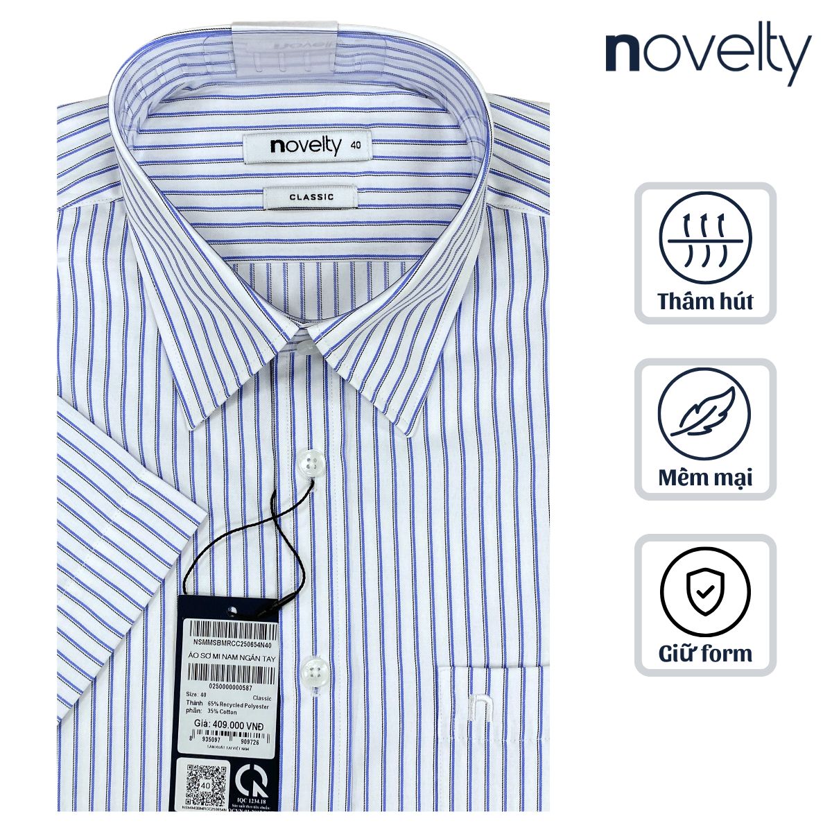 ÁO SƠ MI NAM NGẮN TAY NOVELTY CLASSIC T/C RECYCLED SỌC TRẮNG XANH NSMMSBMRCC250654N