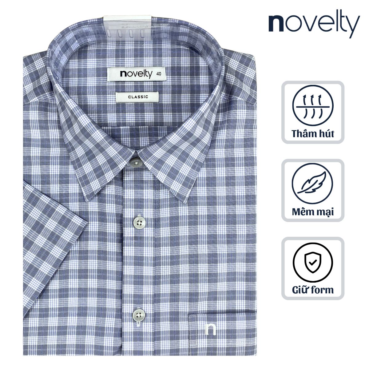 ÁO SƠ MI NAM NGẮN TAY NOVELTY CLASSIC T/C CARO GHI NSMMCNMTCC250469N